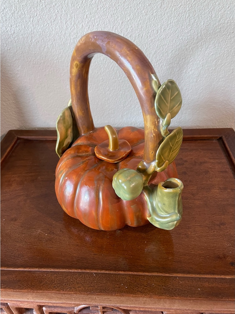 Vintage Ceramic Pumpkin Teapot with Leaf decorations.